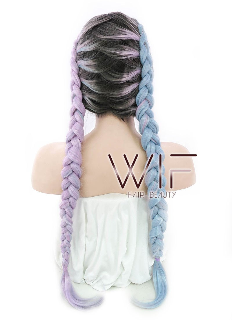 30" Long Curly Megenta Purple Blue Mixed Braided Lace Front Synthetic Hair Wig LF2004