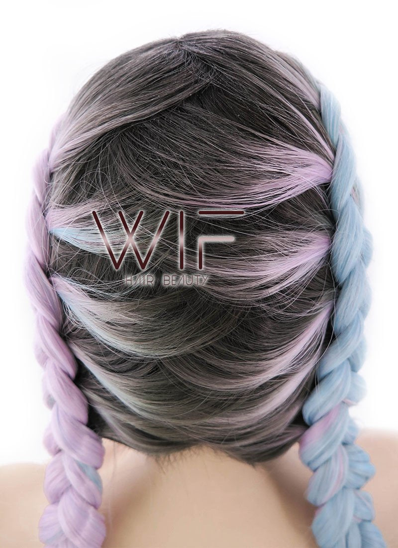 30" Long Curly Megenta Purple Blue Mixed Braided Lace Front Synthetic Hair Wig LF2004
