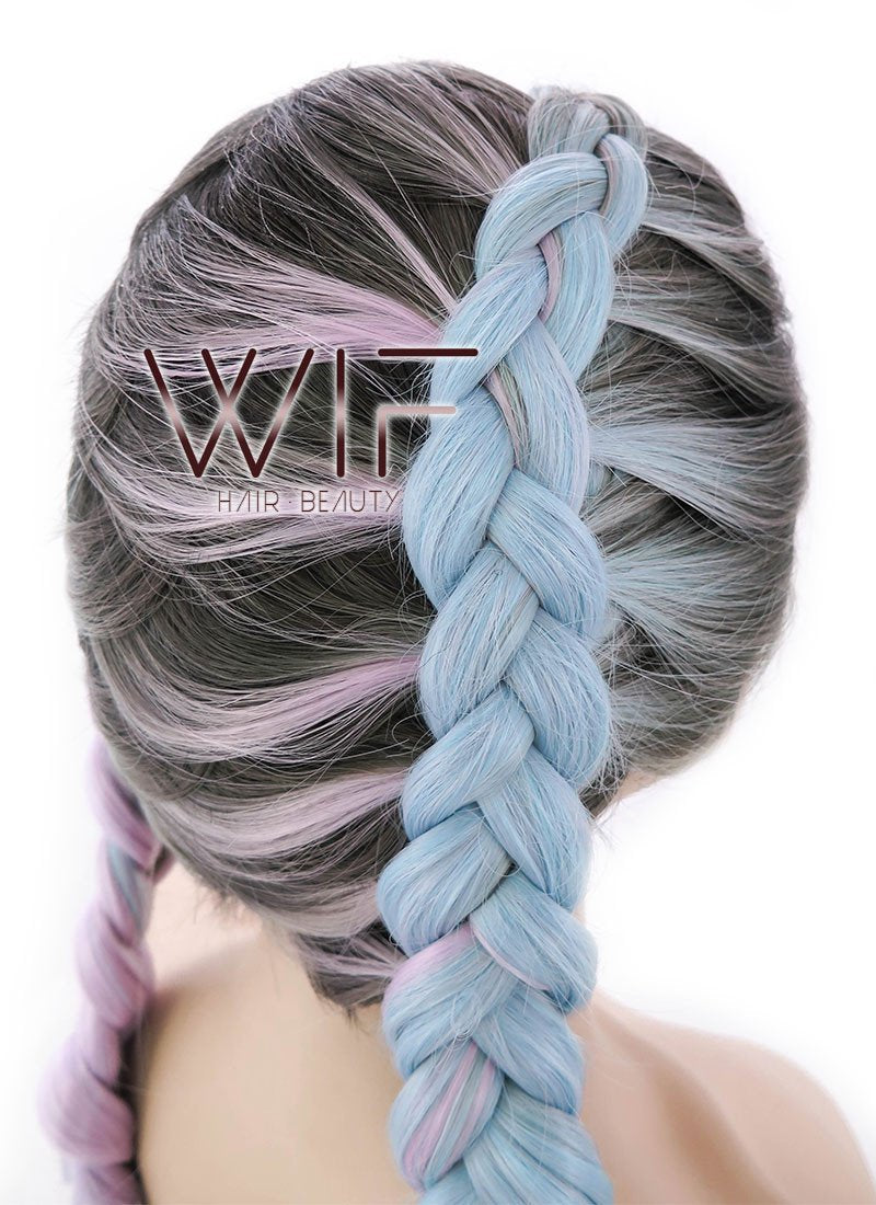 30" Long Curly Megenta Purple Blue Mixed Braided Lace Front Synthetic Hair Wig LF2004