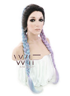 30" Long Curly Megenta Purple Blue Mixed Braided Lace Front Synthetic Hair Wig LF2004