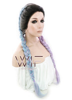 30" Long Curly Megenta Purple Blue Mixed Braided Lace Front Synthetic Hair Wig LF2004
