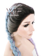 30" Long Curly Megenta Purple Blue Mixed Braided Lace Front Synthetic Hair Wig LF2004