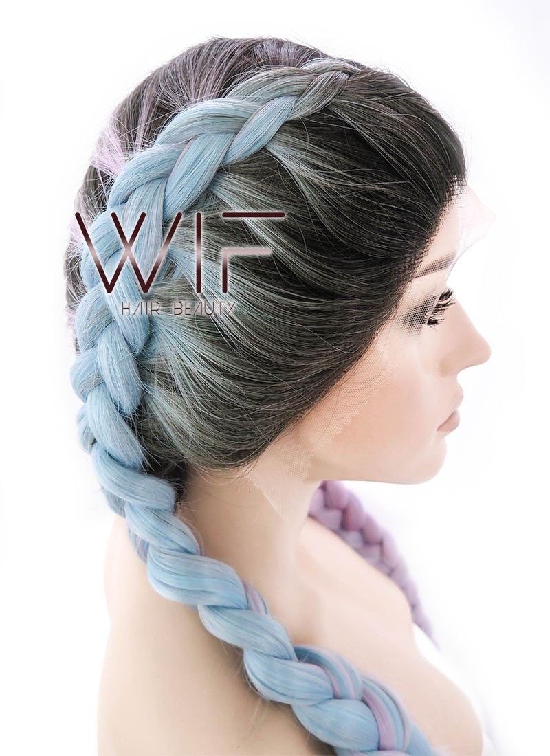 30" Long Curly Megenta Purple Blue Mixed Braided Lace Front Synthetic Hair Wig LF2004