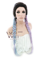 30" Long Curly Megenta Purple Blue Mixed Braided Lace Front Synthetic Hair Wig LF2004
