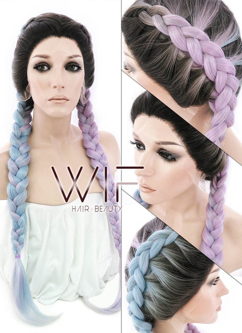 28" Blue Purple Split Color With Dark Roots Dutch Braid Lace Front Synthetic Wig LF2004