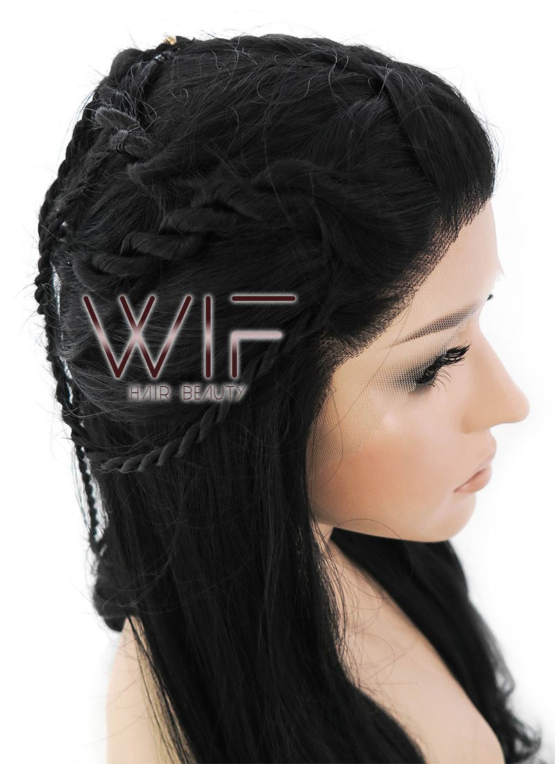 28" Long Black Braided Lace Front Synthetic Hair Wig LF2005