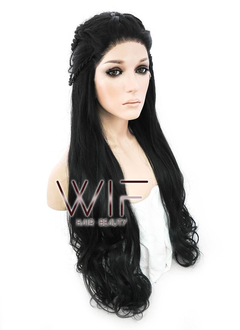 28" Long Black Braided Lace Front Synthetic Hair Wig LF2005