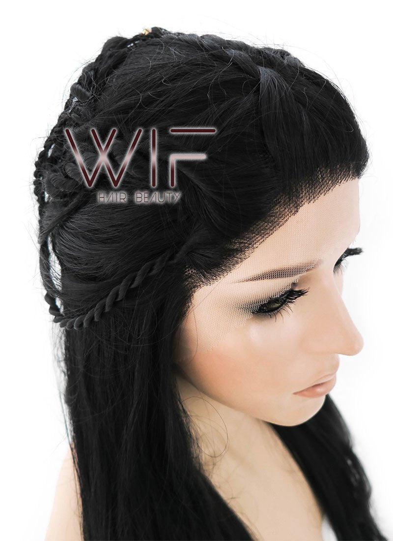 28" Long Black Braided Lace Front Synthetic Hair Wig LF2005