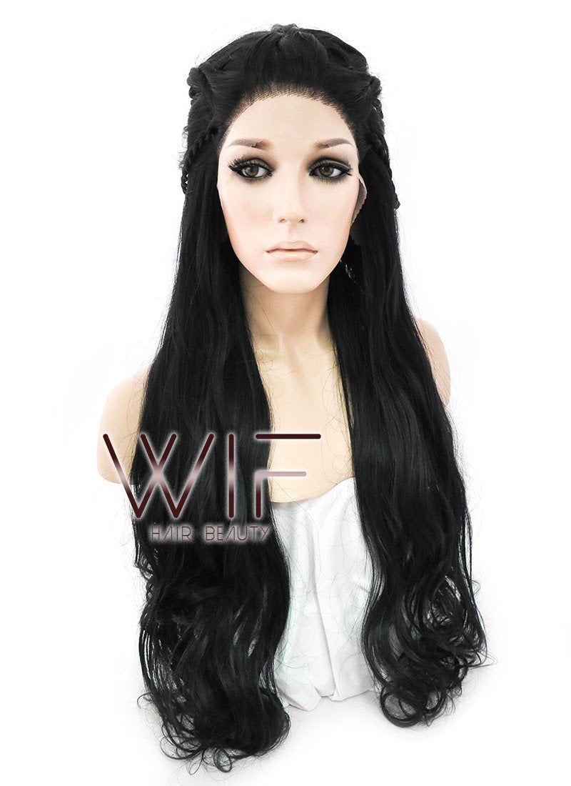 28" Long Black Braided Lace Front Synthetic Hair Wig LF2005
