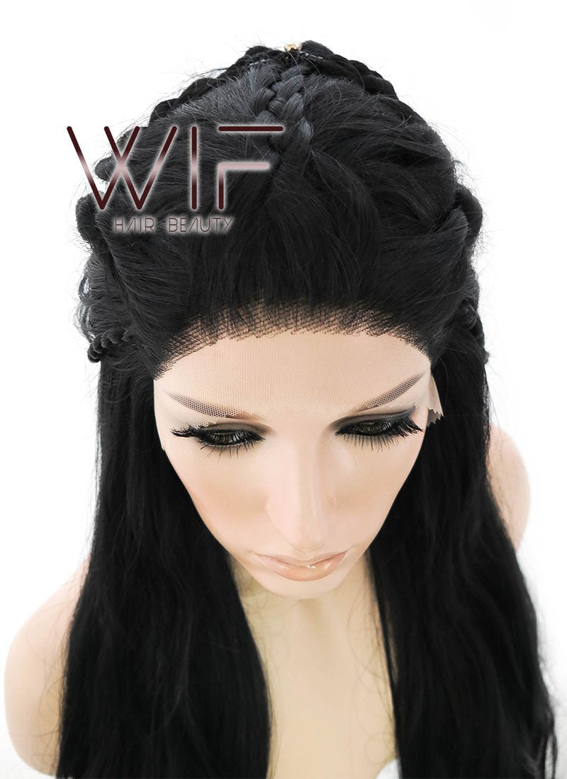 28" Long Black Braided Lace Front Synthetic Hair Wig LF2005