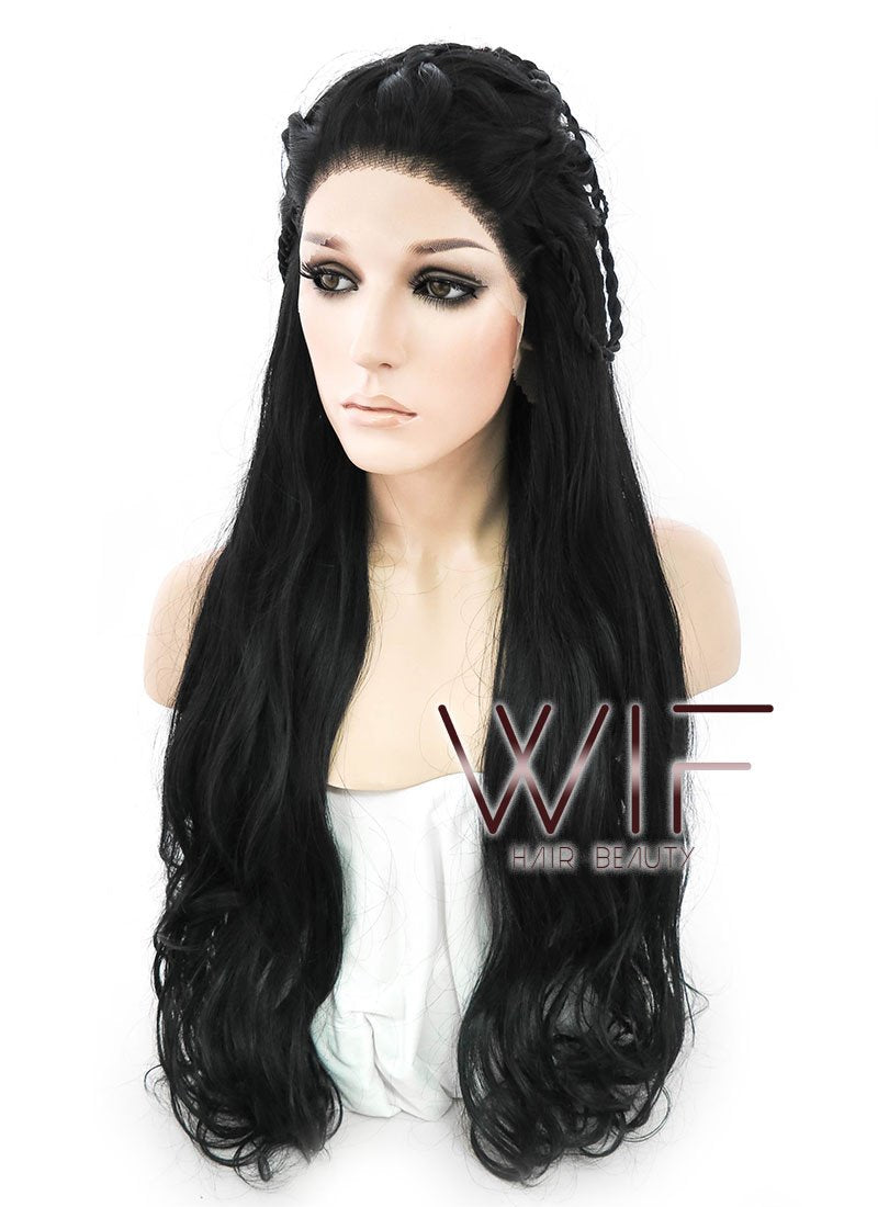 28" Long Black Braided Lace Front Synthetic Hair Wig LF2005