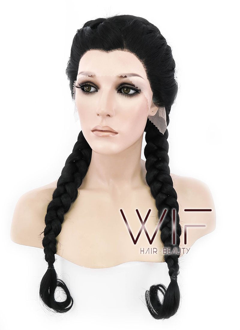 24" Long Black French Braid Lace Front Synthetic Hair Wig LF2006