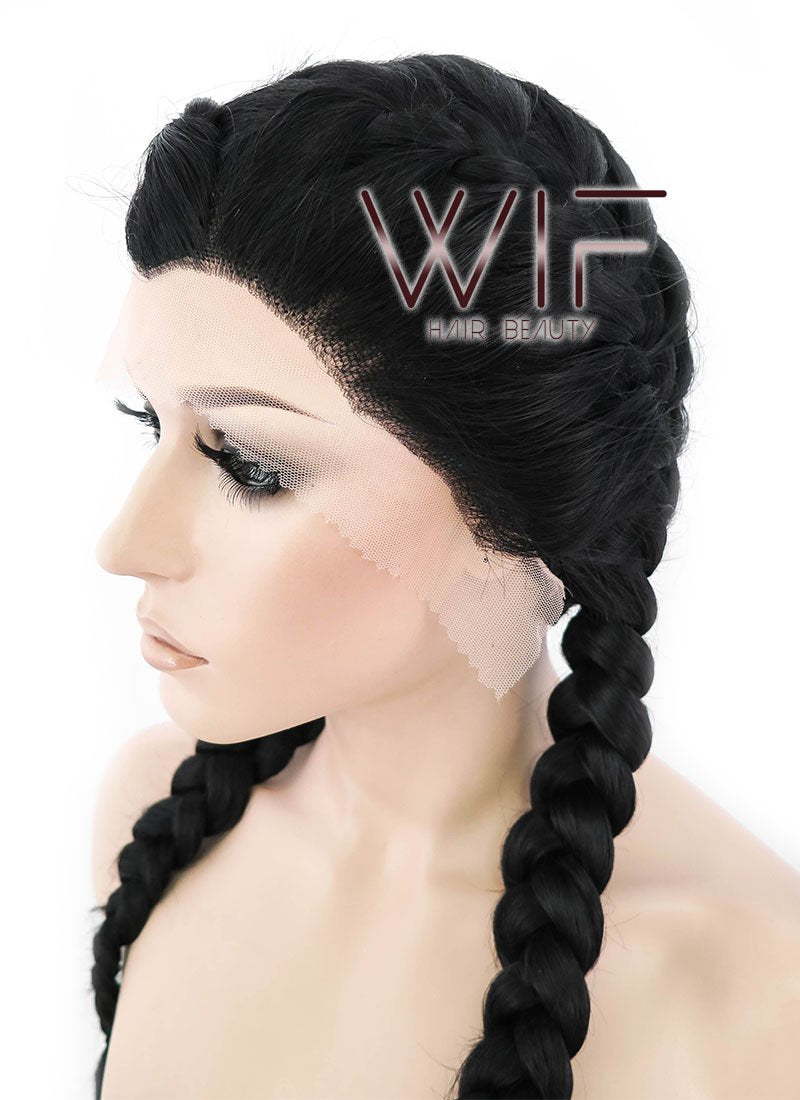 24" Long Black French Braid Lace Front Synthetic Hair Wig LF2006