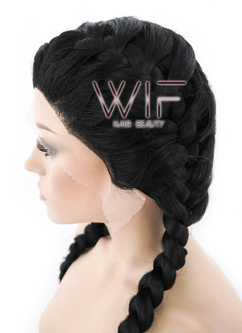 24" Long Black French Braid Lace Front Synthetic Hair Wig LF2006