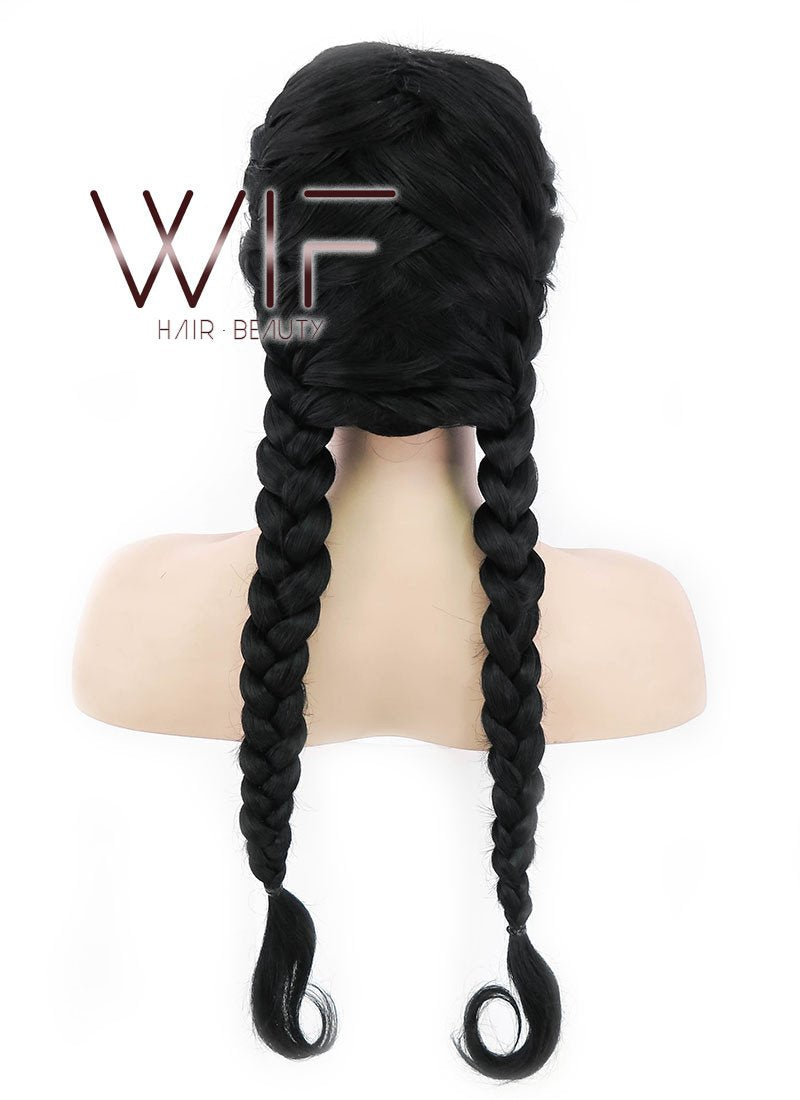 24" Long Black French Braid Lace Front Synthetic Hair Wig LF2006