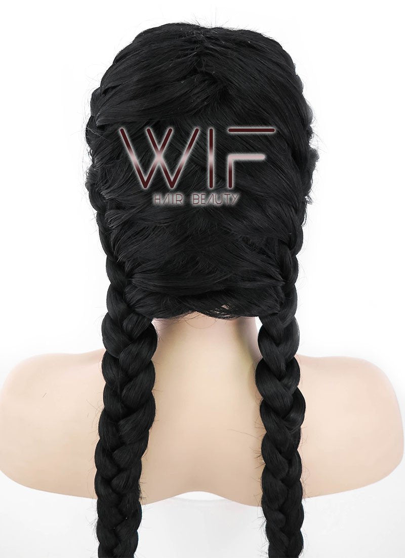 24" Long Black French Braid Lace Front Synthetic Hair Wig LF2006