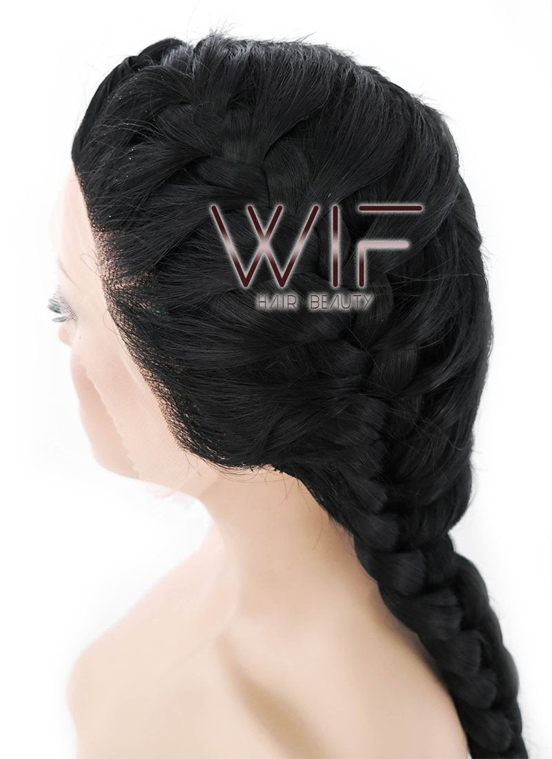 24" Long Black French Braid Lace Front Synthetic Hair Wig LF2006