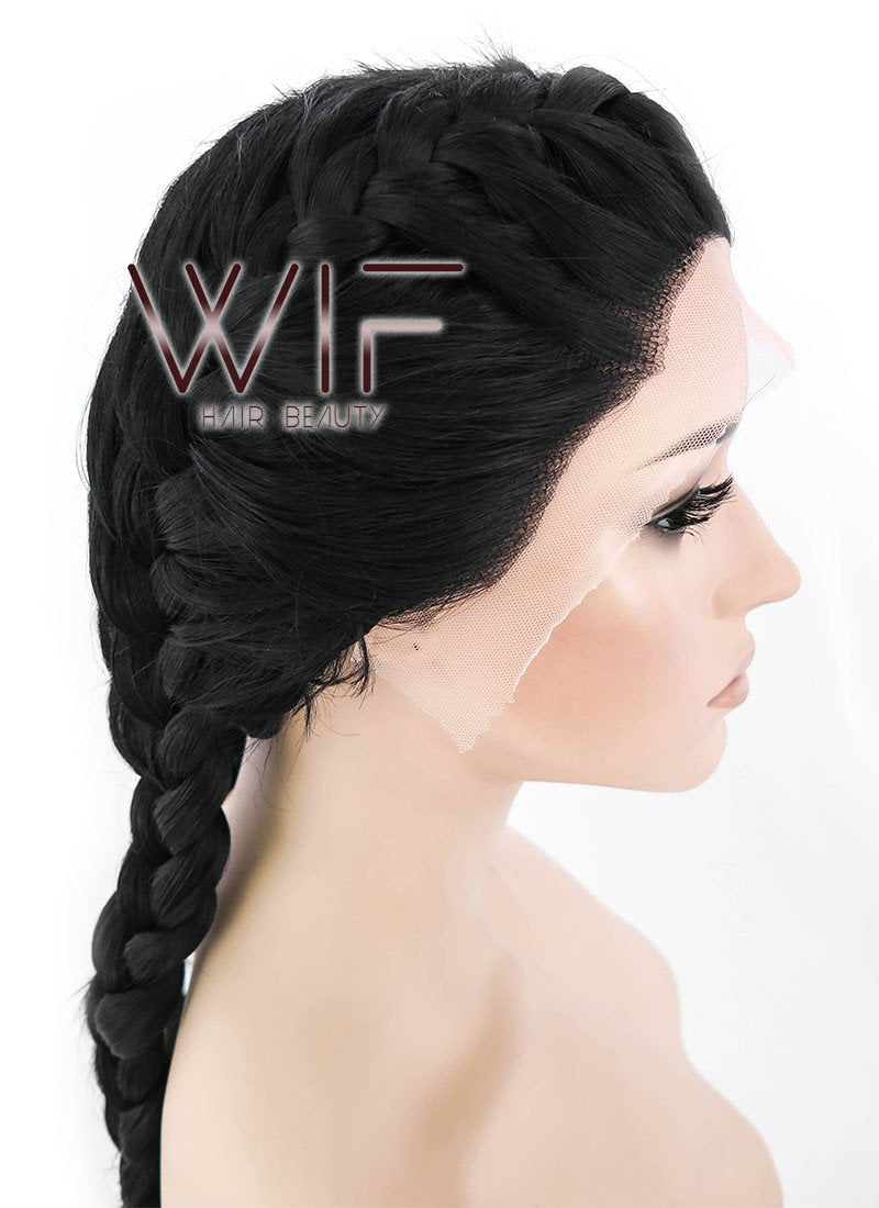 24" Long Black French Braid Lace Front Synthetic Hair Wig LF2006