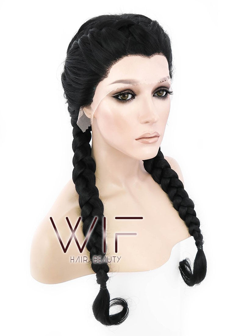 24" Long Black French Braid Lace Front Synthetic Hair Wig LF2006