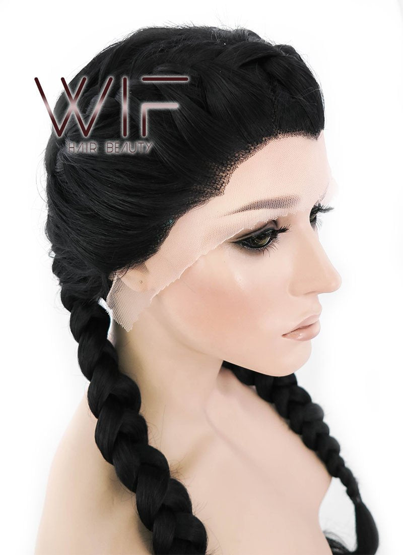 24" Long Black French Braid Lace Front Synthetic Hair Wig LF2006