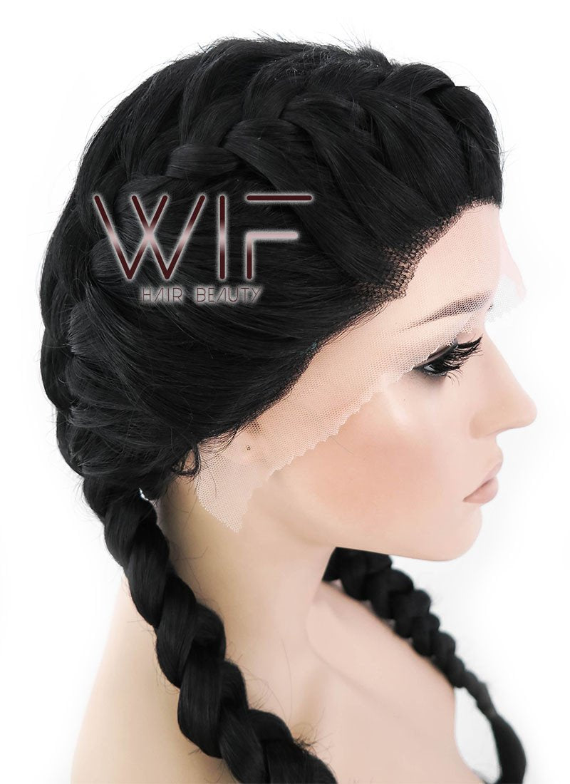 24" Long Black French Braid Lace Front Synthetic Hair Wig LF2006
