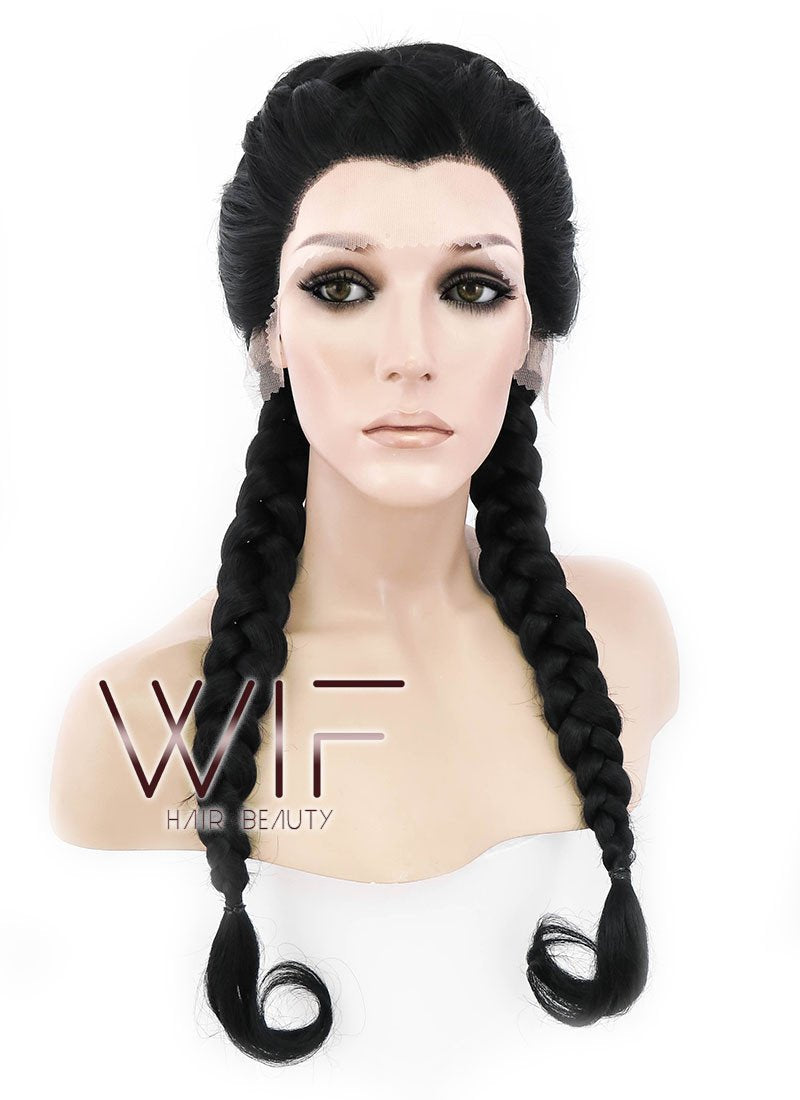 24" Long Black French Braid Lace Front Synthetic Hair Wig LF2006