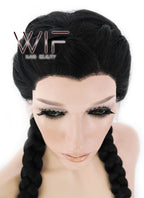 24" Long Black French Braid Lace Front Synthetic Hair Wig LF2006