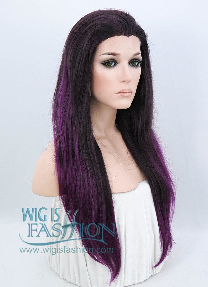 24" Straight Dark Brown Mixed Purple Lace Front Synthetic Wig LF200