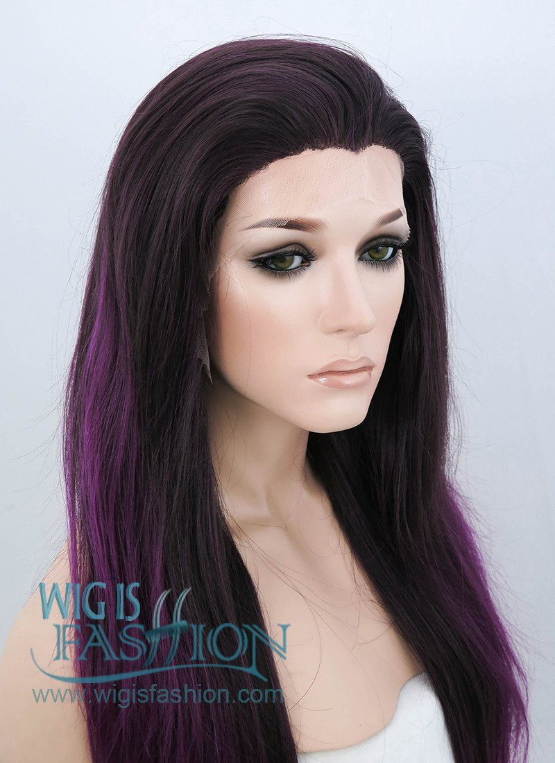 24" Straight Dark Brown Mixed Purple Lace Front Synthetic Wig LF200