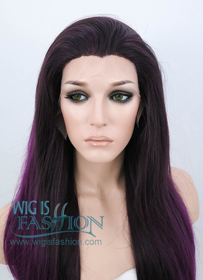 24" Straight Dark Brown Mixed Purple Lace Front Synthetic Wig LF200