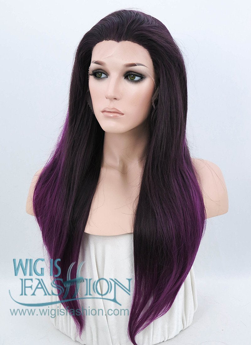 24" Straight Dark Brown Mixed Purple Lace Front Synthetic Wig LF200