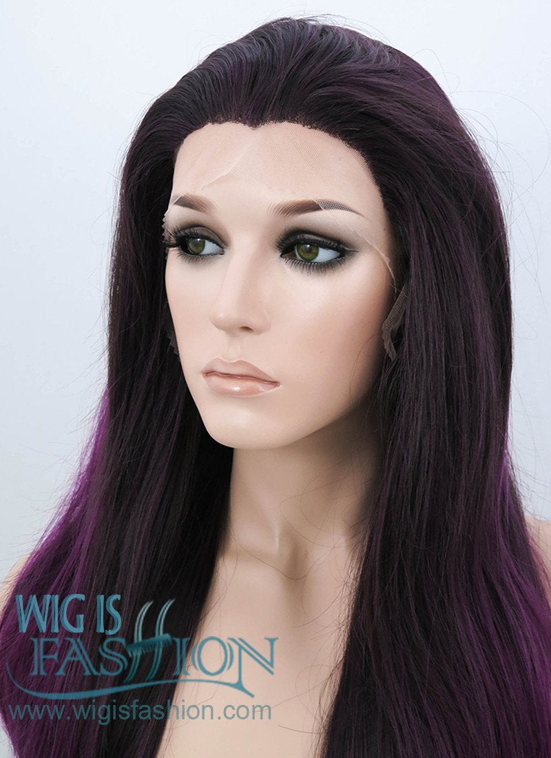 24" Straight Dark Brown Mixed Purple Lace Front Synthetic Wig LF200