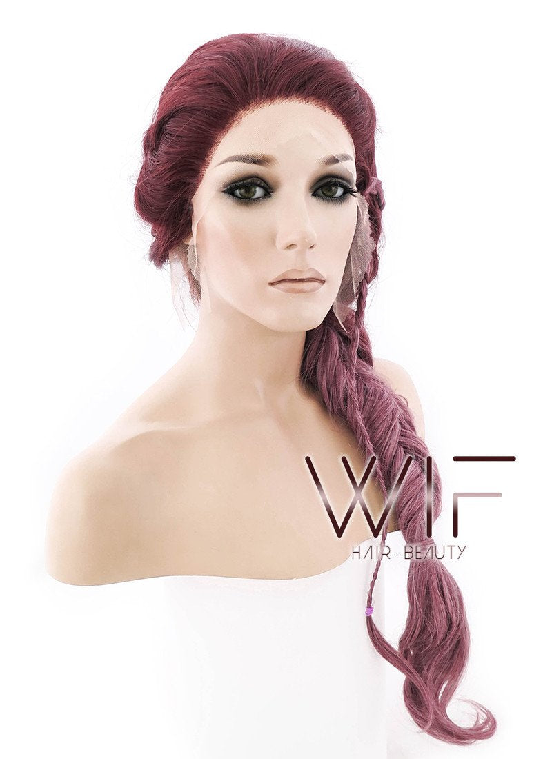 26" Two Tone Pinkish Red Fishtail Braid Lace Front Synthetic Wig LF2011