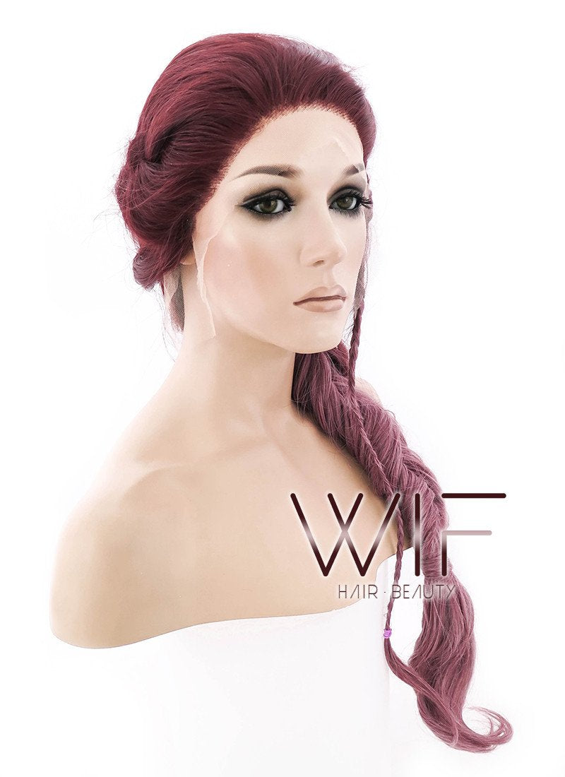 26" Two Tone Pinkish Red Fishtail Braid Lace Front Synthetic Wig LF2011