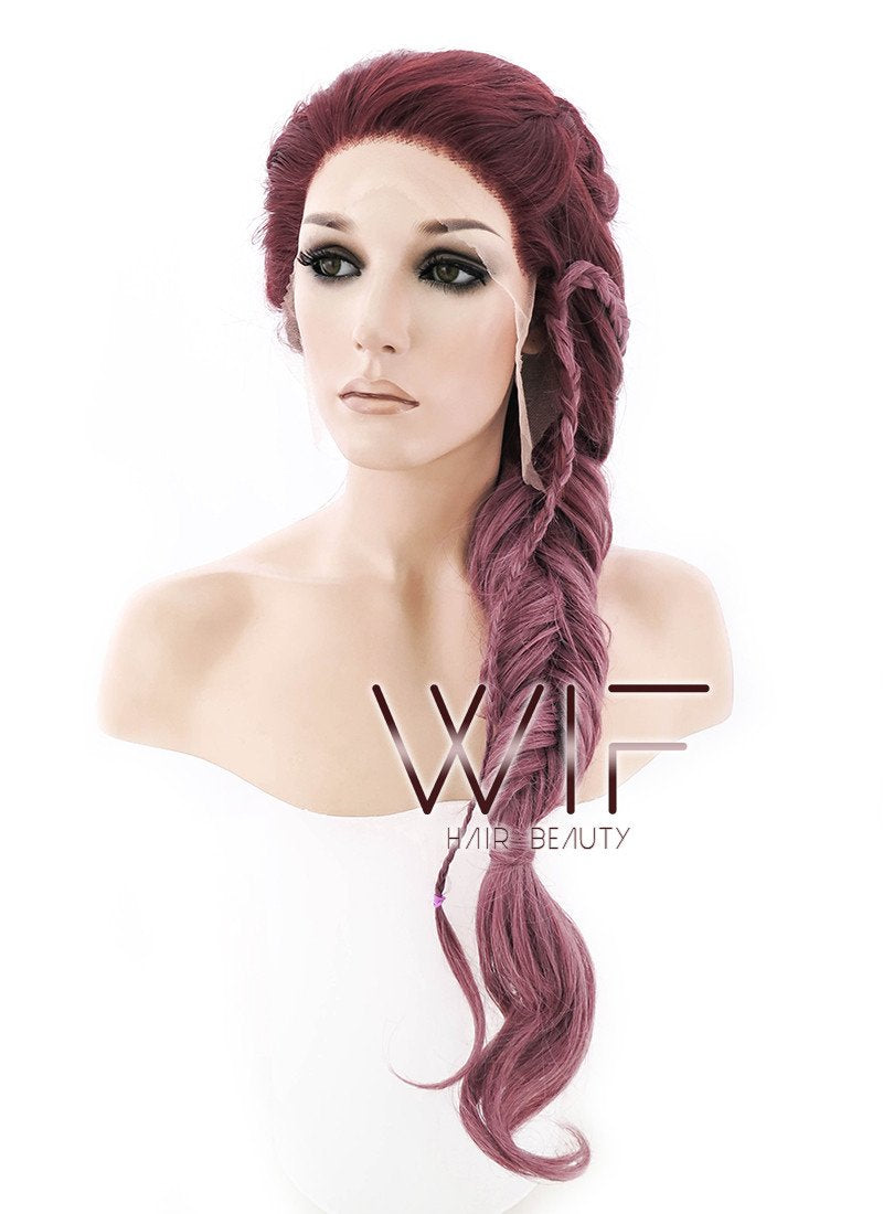 26" Two Tone Pinkish Red Fishtail Braid Lace Front Synthetic Wig LF2011