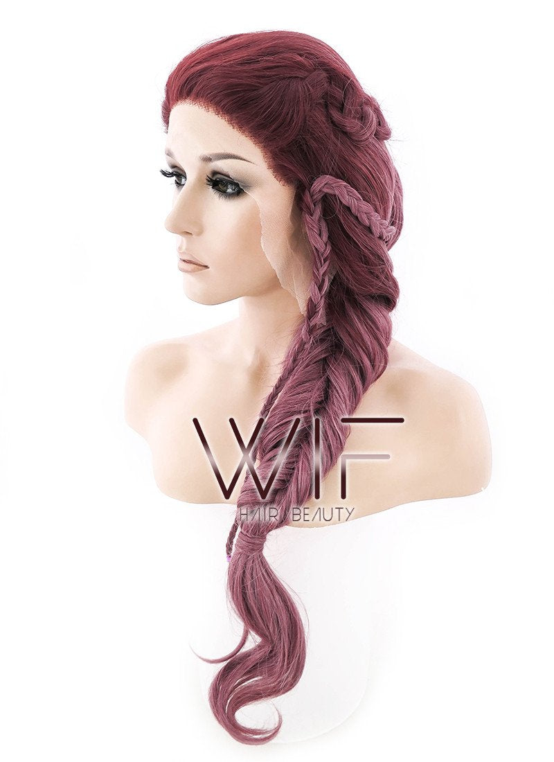 26" Two Tone Pinkish Red Fishtail Braid Lace Front Synthetic Wig LF2011