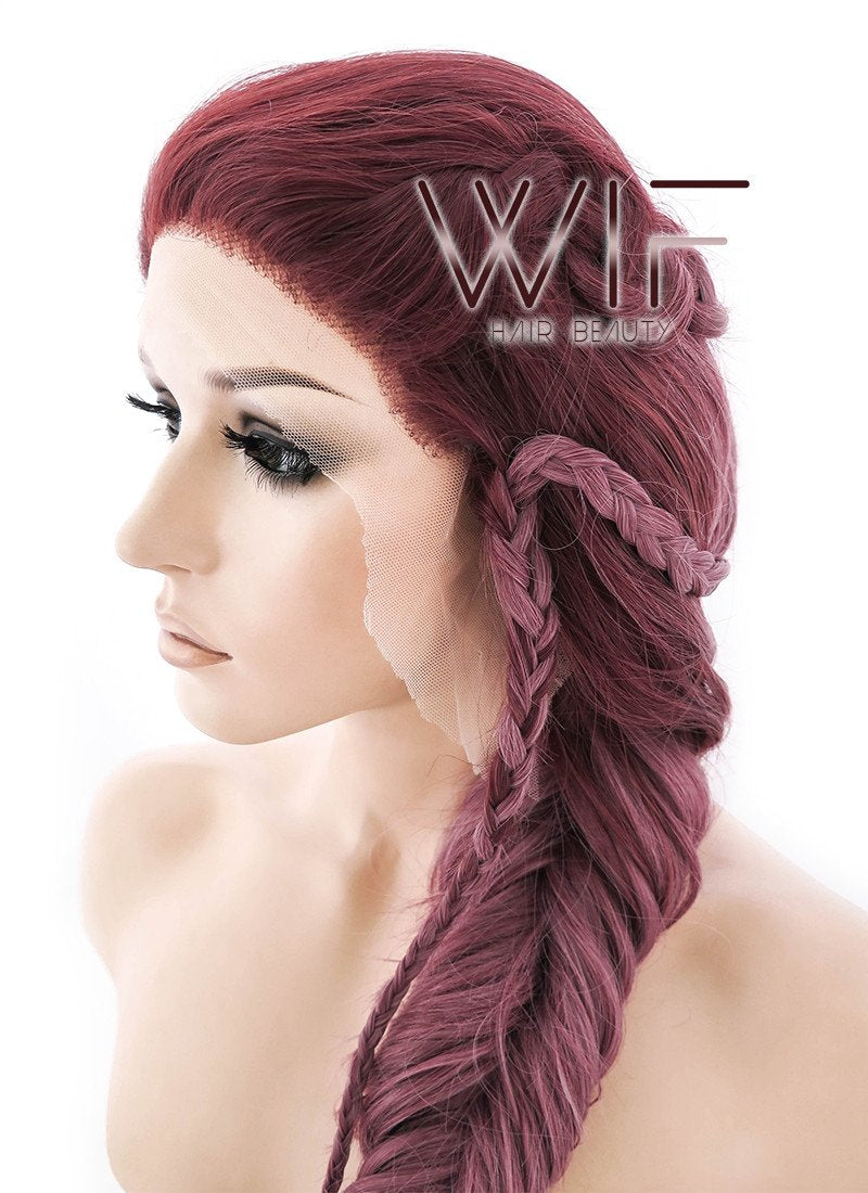 26" Two Tone Pinkish Red Fishtail Braid Lace Front Synthetic Wig LF2011