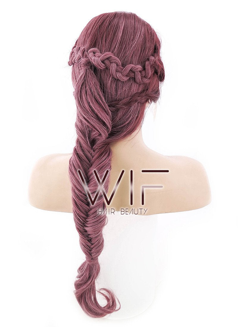 26" Two Tone Pinkish Red Fishtail Braid Lace Front Synthetic Wig LF2011