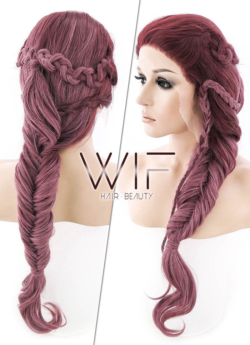 26" Two Tone Pinkish Red Fishtail Braid Lace Front Synthetic Wig LF2011