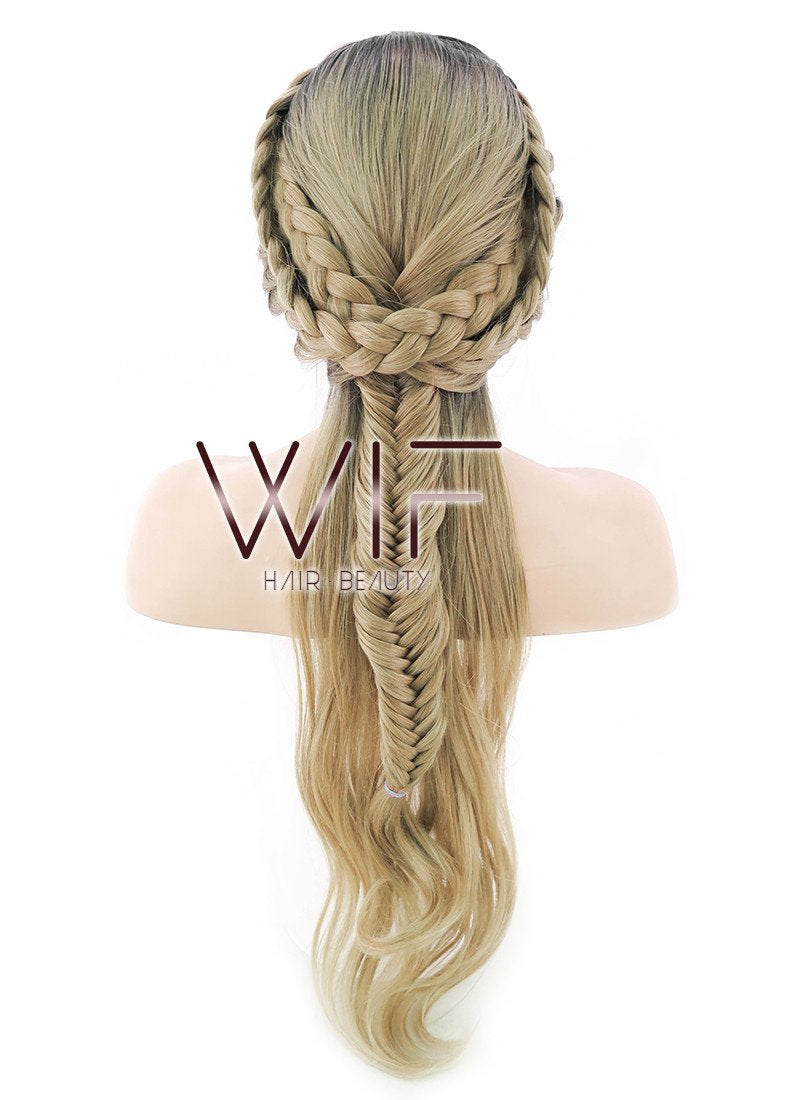 24" Blonde With Dark Roots Braided Lace Front Synthetic Wig LF2012