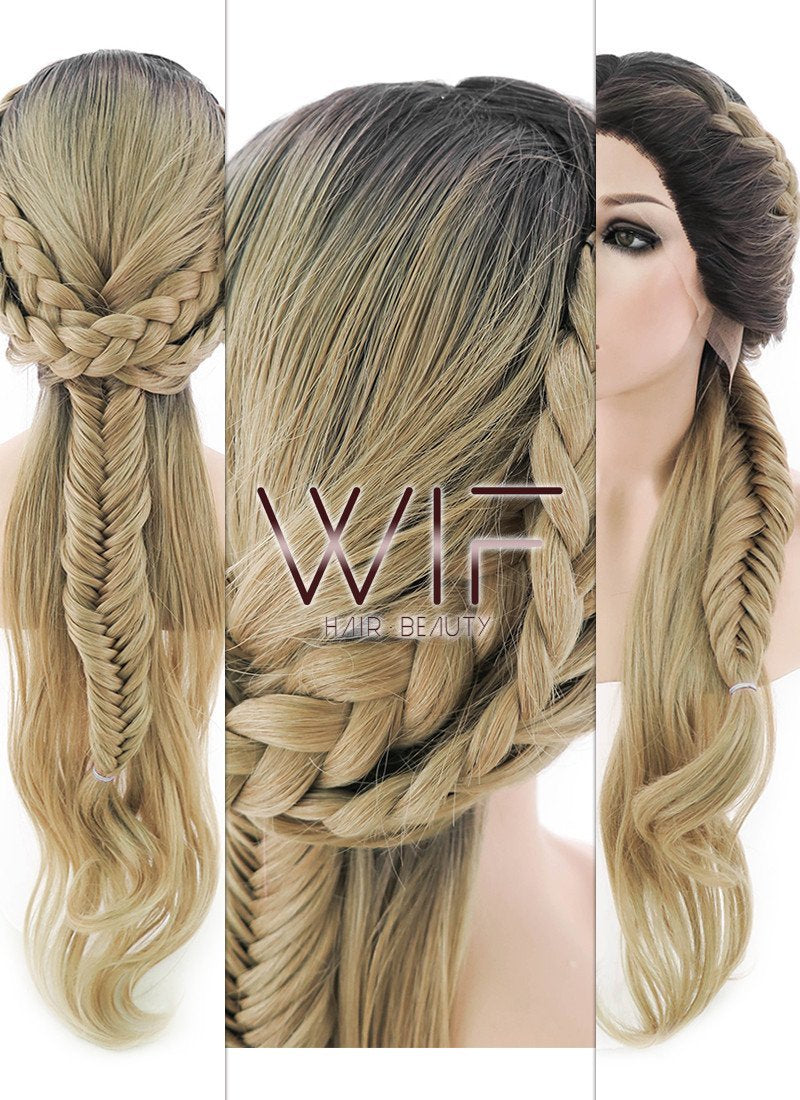 24" Blonde With Dark Roots Braided Lace Front Synthetic Wig LF2012