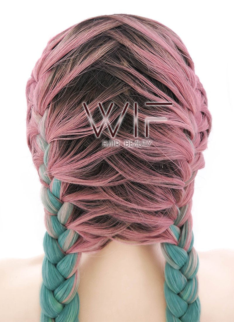 28" Purple Green Ombre With Dark Roots Dutch Braid Lace Front Synthetic Wig LF2013
