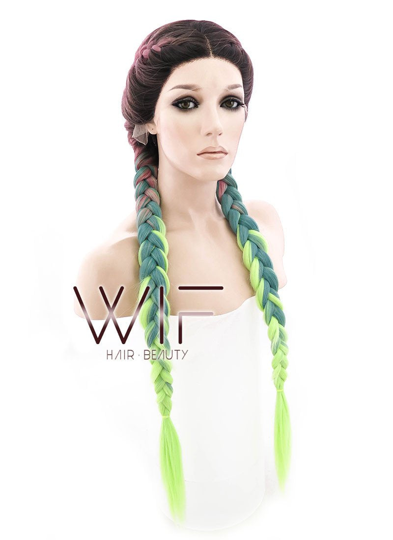28" Purple Green Ombre With Dark Roots Dutch Braid Lace Front Synthetic Wig LF2013
