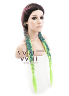 28" Purple Green Ombre With Dark Roots Dutch Braid Lace Front Synthetic Wig LF2013