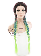 28" Purple Green Ombre With Dark Roots Dutch Braid Lace Front Synthetic Wig LF2013