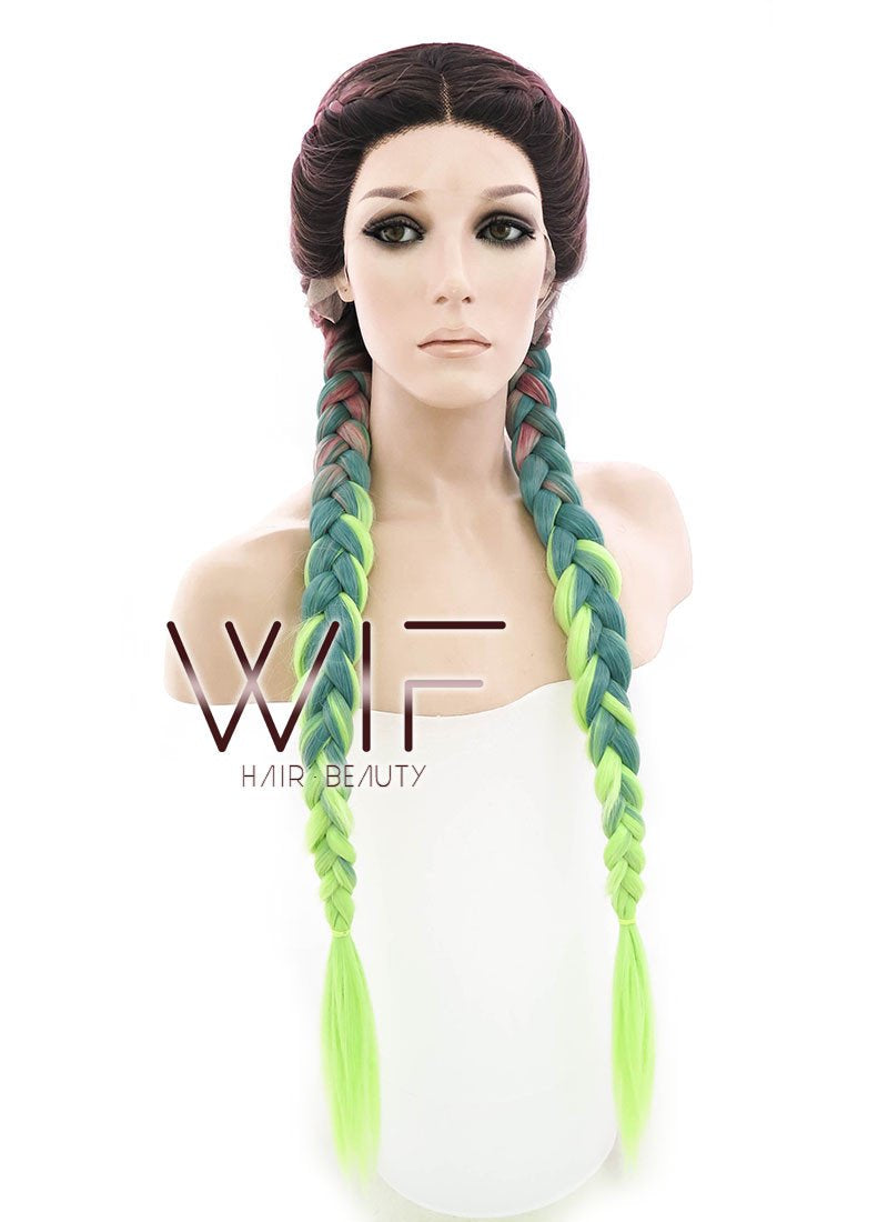 28" Purple Green Ombre With Dark Roots Dutch Braid Lace Front Synthetic Wig LF2013