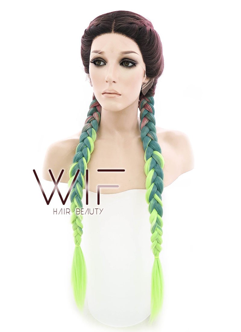28" Purple Green Ombre With Dark Roots Dutch Braid Lace Front Synthetic Wig LF2013