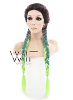 28" Purple Green Ombre With Dark Roots Dutch Braid Lace Front Synthetic Wig LF2013