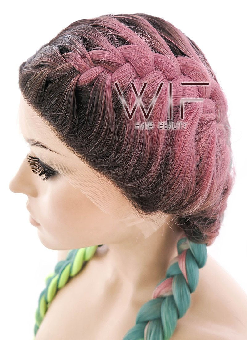28" Purple Green Ombre With Dark Roots Dutch Braid Lace Front Synthetic Wig LF2013