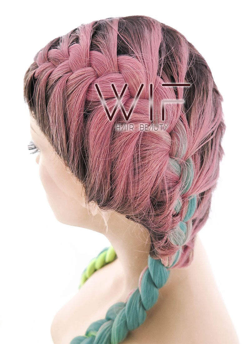28" Purple Green Ombre With Dark Roots Dutch Braid Lace Front Synthetic Wig LF2013